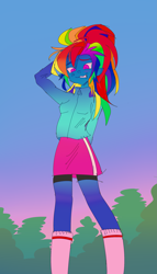 Size: 1583x2761 | Tagged: safe, artist:echobone, character:rainbow dash, my little pony:equestria girls, alternate hairstyle, arm behind head, awkward, awkward smile, clothing, female, outdoors, ponytail, smiling, solo, standing, sweat