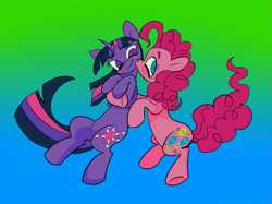 Size: 1215x911 | Tagged: safe, artist:echobone, character:pinkie pie, character:twilight sparkle, character:twilight sparkle (unicorn), species:pony, species:unicorn, ship:twinkie, blushing, cute, female, gradient background, kiss on the cheek, kissing, lesbian, shipping