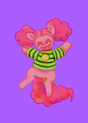 Size: 1311x1829 | Tagged: safe, artist:echobone, character:pinkie pie, species:pony, alternate hairstyle, clothing, eyes closed, female, jumping, kidcore, needs more saturation, pigtails, purple background, shirt, simple background, smiling, solo, striped shirt