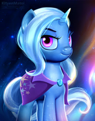 Size: 4564x5834 | Tagged: safe, artist:kityenmatoi, character:trixie, species:pony, absurd resolution, bust, cape, clothing, jewel, looking at you, modern art, portrait, smiling, stars