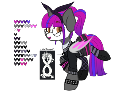Size: 2000x1500 | Tagged: safe, artist:im-not-skittles, artist:kookiebeatz, base used, oc, oc only, oc:lolita lace, species:alicorn, species:bat pony, species:dragon, species:pony, alicorn oc, bat pony alicorn, bat pony oc, boots, bow, clothing, face paint, female, fishnets, fortnite, glasses, gloves, hair bow, jumper, lace (fortnite), lipstick, mare, pigtails, raised hoof, reference sheet, shoes, skirt, socks, solo, spiked wristband, stockings, striped socks, thigh highs, twintails, wristband, zettai ryouiki