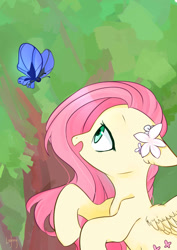 Size: 850x1200 | Tagged: safe, artist:lity, character:fluttershy, species:pegasus, species:pony, butterfly, cute, ear fluff, female, floppy ears, flower, flower in hair, open mouth, pixiv, profile, shyabetes, solo, tree, wing fluff