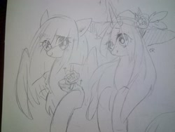 Size: 1280x960 | Tagged: safe, artist:lity, species:pegasus, species:pony, species:unicorn, clothing, duo, flower, hat, monochrome, sketch, traditional art