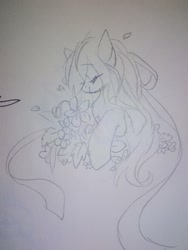 Size: 960x1280 | Tagged: safe, artist:lity, species:pony, eyes closed, flower, hair ribbon, monochrome, sketch, solo, traditional art