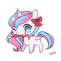 Size: 1400x1400 | Tagged: safe, artist:lity, oc, oc only, species:alicorn, species:pony, bow, chibi, cute, hair bow, no pupils, one eye closed, simple background, solo, watermark, white background, wink