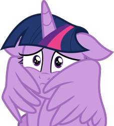 Size: 3500x3856 | Tagged: safe, artist:aeonkrow, character:twilight sparkle, character:twilight sparkle (alicorn), species:alicorn, species:pony, episode:starlight the hypnotist, spoiler:interseason shorts, anxiety, female, floppy ears, high res, sad, scared, simple background, solo, that was fast, transparent background, unhappy, vector, winghug, wings