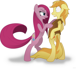 Size: 5200x4596 | Tagged: safe, artist:randomlywhimsical, character:braeburn, character:pinkamena diane pie, character:pinkie pie, species:pony, ship:braepie, absurd resolution, bedroom eyes, bipedal, eye contact, female, floppy ears, looking at each other, male, nervous, shipping, straight, undressing, varying degrees of want, wide eyes