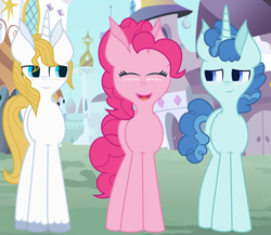 Size: 1832x1592 | Tagged: safe, artist:joystick12, character:party favor, character:pinkie pie, character:prince blueblood, species:pony, ship:partypie, bluepie, female, male, pinkie pie gets all the stallions, shipping, straight