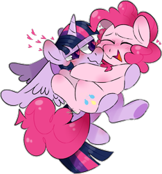Size: 991x1057 | Tagged: safe, artist:incubugs, character:pinkie pie, character:twilight sparkle, character:twilight sparkle (alicorn), species:alicorn, species:earth pony, species:pony, ship:twinkie, bipedal, blushing, bridal carry, carrying, female, heart, heart eyes, lesbian, shipping, simple background, transparent background, wingding eyes