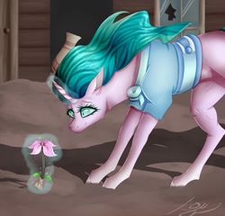 Size: 1024x985 | Tagged: safe, artist:sofienriquez, character:mistmane, species:pony, species:unicorn, colored pupils, cute, ear fluff, female, flower, looking at something, magic, mare, mistabetes, solo