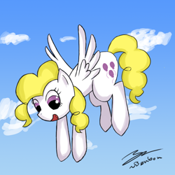 Size: 900x900 | Tagged: safe, artist:b0nbon, character:surprise, species:pegasus, species:pony, g1, female, flying, g1 to g4, generation leap, mare, sky, smiling, solo