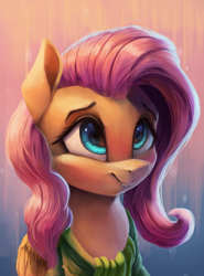 Size: 2964x4000 | Tagged: safe, artist:vanillaghosties, character:fluttershy, species:pegasus, species:pony, bust, clothing, cute, dawwww, female, looking up, mare, portrait, shyabetes, smiling, solo, three quarter view