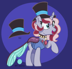 Size: 1280x1220 | Tagged: safe, artist:chaserofthelight99, oc, oc:lampyridae, parent:meadowbrook, parent:thorax, species:changepony, clothing, female, hat, hybrid, interspecies offspring, offspring, solo, top hat