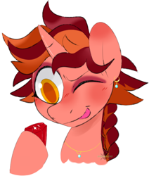 Size: 834x982 | Tagged: safe, artist:incubugs, oc, oc only, oc:ruby quartz, species:pony, species:unicorn, ear piercing, earring, gem, jewelry, necklace, one eye closed, piercing, request, solo