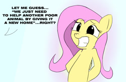 Size: 1300x850 | Tagged: safe, artist:hoodie-stalker, character:fluttershy, species:pony, cute, dialogue, female, hooves behind back, offscreen character, sheepish grin, shyabetes, solo