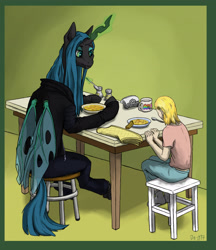 Size: 2595x3006 | Tagged: safe, artist:danton-y17, character:queen chrysalis, species:changeling, species:human, fanfic:broken toy, fanfic:the girl and the queen, changeling queen, clothing, dishes, duo, fanfic art, female, food, glowing horn, hoodie, horn, magic, mug, napkin, pepper shaker, salt shaker, smiling, spoon, stool, table, telekinesis, wings