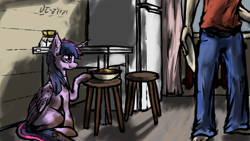 Size: 3840x2160 | Tagged: safe, artist:danton-y17, character:twilight sparkle, character:twilight sparkle (alicorn), species:alicorn, species:human, species:pony, barefoot, bowl, clothing, dirty, duo, feet, female, food, head out of frame, mare, pants, plate, pony pet, refrigerator, shirt, sitting, stool