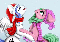 Size: 4000x2800 | Tagged: safe, artist:athenawhite, oc, oc only, oc:pine berry, oc:snow pup, species:earth pony, species:pegasus, species:pony, chest fluff, clothing, hat, licking, rearing, scarf, snow, snowfall, tongue out, toque, wings, winter