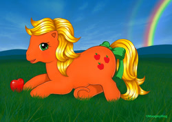 Size: 800x570 | Tagged: safe, artist:moogleymog, character:applejack (g1), species:earth pony, species:pony, g1, apple, bow, cute, female, food, g1 jackabetes, grass field, jackabetes, lying down, rainbow, solo, tail bow