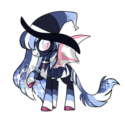 Size: 660x626 | Tagged: safe, artist:zlayd-oodles, base used, oc, oc only, species:bat pony, species:pony, adoptable, auction, bat pony oc, bat wings, blue, clothing, colored hooves, crescent moon, hat, leonine tail, long hair, moon, simple background, slit eyes, socks, solo, sparkles, transparent background, wings, witch hat