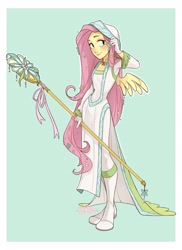 Size: 1673x2300 | Tagged: safe, artist:skirtzzz, character:fluttershy, my little pony:equestria girls, clothing, crossover, dress, female, final fantasy, flower, flower in hair, hood, simple background, smiling, solo, staff