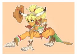 Size: 2300x1673 | Tagged: safe, artist:skirtzzz, character:applejack, clothing, crossover, female, final fantasy, fusion, hybrid, simple background, smiling, solo, superhero landing
