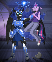 Size: 1125x1350 | Tagged: dead source, safe, artist:kryptid, character:nightmare moon, character:princess luna, character:twilight sparkle, species:anthro, armor, armpits, castle of the royal pony sisters, clothing, cutie mark on clothes, neck hold, pants, shirt, shoes, wings