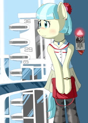 Size: 858x1200 | Tagged: safe, artist:vinilyart, character:coco pommel, blushing, clothing, cocobetes, cute, ear piercing, earring, elevator, female, human shoulders, jewelry, necklace, pantyhose, piercing, pleated skirt, purse, semi-anthro, skirt, sleeveless, solo, watch