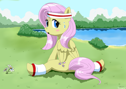 Size: 1700x1200 | Tagged: safe, artist:vinilyart, character:fluttershy, species:pegasus, species:pony, episode:hurricane fluttershy, g4, my little pony: friendship is magic, blush sticker, blushing, cute, female, headband, leg warmers, mare, shyabetes, solo, splits, straddling, sweat, workout outfit