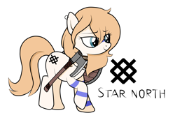 Size: 1700x1100 | Tagged: safe, artist:arrgus-korr, base used, oc, oc only, oc:star north, species:earth pony, species:pony, axe, blue eyes, cutie mark, female, full body, mare, piercing, shield, simple background, smiling, solo, tattoo, viking, viking axe, weapon, white background