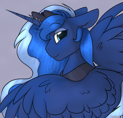 Size: 2064x1980 | Tagged: safe, artist:mariashapony, character:princess luna, species:alicorn, species:pony, female, looking at you, simple background, smiling, solo, wings