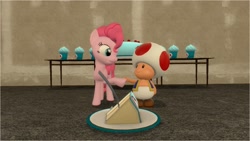 Size: 1600x900 | Tagged: safe, artist:daniotheman, character:pinkie pie, species:earth pony, species:pony, 3d, cake, crossover, crossover shipping, cupcake, food, gmod, nintendo, shipping, super mario bros., toad (mario bros), toad pie