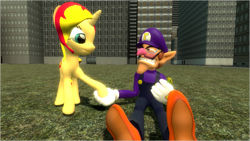 Size: 1599x900 | Tagged: safe, artist:daniotheman, character:sunset shimmer, species:human, species:pony, species:unicorn, 3d, blushing, crossover, crossover shipping, flower, gmod, nintendo, shipping, super mario bros., waluigi, waluset