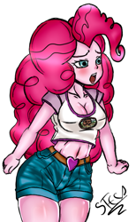Size: 443x721 | Tagged: safe, artist:steca, character:pinkie pie, my little pony:equestria girls, belly button, breasts, busty pinkie pie, cleavage, clothing, female, midriff, open mouth, shirt, shorts, solo