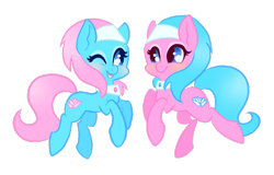 Size: 755x483 | Tagged: safe, artist:purrling, character:aloe, character:lotus blossom, species:earth pony, species:pony, blushing, cute, duo, female, mare, one eye closed, open mouth, simple background, spa twins, spaww twins, transparent background, wink