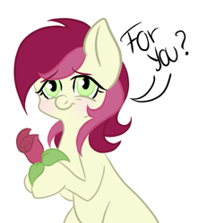 Size: 475x538 | Tagged: safe, artist:purrling, character:roseluck, species:pony, blushing, cute, cuteluck, dialogue, female, flower, rose, simple background, solo, white background