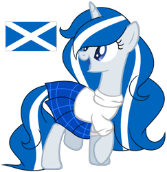 Size: 1640x1688 | Tagged: safe, artist:cosmicwitchadopts, oc, oc only, oc:balmoral, species:pony, species:unicorn, nation ponies, clothing, female, kilt, mare, open mouth, ponified, raised hoof, scotland, shirt, simple background, solo, sweater, transparent background