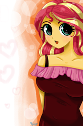Size: 1052x1608 | Tagged: safe, artist:lovelygirlmusicer, character:sunset shimmer, species:human, my little pony:equestria girls, blushing, clothing, cute, female, open mouth, shimmerbetes, shoulderless, solo