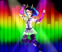 Size: 1200x1000 | Tagged: safe, artist:crazysurprise, character:dj pon-3, character:vinyl scratch, species:anthro, species:unguligrade anthro, dancing, equestria girls outfit, eyes closed, female, rainbow background, solo, vu meter