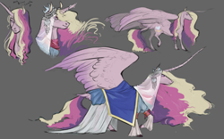 Size: 1600x997 | Tagged: safe, artist:penrosa, character:princess cadance, species:alicorn, species:pony, big wings, clothing, crown, cutie mark, dress, ethereal mane, female, gray background, headcanon in the description, headdress, horn jewelry, jewelry, long horn, looking at you, mare, medieval, missing accessory, raised hoof, regalia, shawl, simple background, solo, spread wings, stray strand, tail feathers, walking, wings