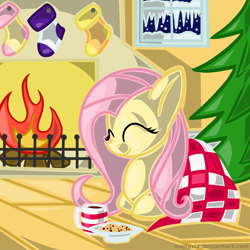 Size: 3000x3000 | Tagged: safe, artist:wojtovix, character:fluttershy, blanket, clothing, cookie, drink, fire, fireplace, happy, hot chocolate, socks, winter