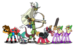 Size: 1164x742 | Tagged: safe, artist:purplewonderpower, character:big mcintosh, character:cheese sandwich, character:discord, character:flam, character:flim, character:spike, species:draconequus, species:earth pony, species:pony, species:unicorn, episode:dungeons & discords, armor, arrow, bow, cape, captain wuzz, clothing, costume, dungeons and dragons, facial hair, flim flam brothers, garbuncle, gouda knight, guys night out, mask, moustache, ogres and oubliettes, race swap, sir mcbiggen, staff, sword, twins, unicorn big mac, weapon, wonder twins