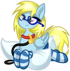 Size: 1740x1753 | Tagged: safe, artist:x-blackpearl-x, oc, oc only, oc:cloud cuddler, species:pegasus, species:pony, clothing, collar, female, glasses, leash, name tag, pet play, pillow, simple background, socks, solo, striped socks, transparent background