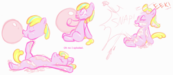 Size: 1292x562 | Tagged: safe, artist:retl, oc, oc only, oc:puppysmiles, species:earth pony, species:pony, fallout equestria, bubblegum, comic, cute, eyes closed, fallout equestria: pink eyes, fanfic, fanfic art, female, filly, foal, gum, hooves, lying down, one eye closed, open mouth, simple background, sitting, solo, text