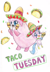 Size: 2396x3448 | Tagged: safe, artist:roshichen, oc, oc:fluffle puff, cat, catified, crossover, food, lego, maracas, musical instrument, sombrero, species swap, taco, the lego movie, traditional art, unikitty
