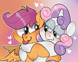 Size: 1280x1024 | Tagged: safe, artist:incubugs, character:scootaloo, character:sweetie belle, species:pegasus, species:pony, species:unicorn, ship:scootabelle, blep, blushing, colored background, cute, cutealoo, cutie mark crusaders, diasweetes, female, filly, heart, hug, lesbian, lidded eyes, looking at each other, love, shipping, silly, smiling, tongue out