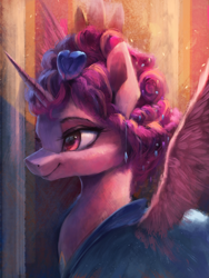 Size: 3000x4000 | Tagged: safe, artist:vanillaghosties, character:princess cadance, species:alicorn, species:pony, alternate hairstyle, bust, ceremonial headdress, cute, cutedance, female, hair accessory, lidded eyes, mare, portrait, solo, spread wings, wings