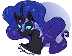 Size: 1280x1000 | Tagged: safe, artist:kittyisawolf, character:nightmare moon, character:princess luna, species:pony, bust, curved horn, ethereal mane, female, galaxy mane, helmet, horn, portrait, simple background, solo, transparent background