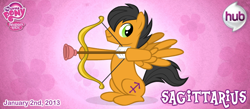 Size: 748x326 | Tagged: safe, artist:patchwerk-kw, official, arrow, bow (weapon), bow and arrow, horoscope, ponified, ponyscopes, sagittarius, weapon, zodiac