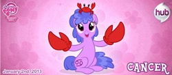 Size: 748x328 | Tagged: safe, artist:patchwerk-kw, official, species:crab, cancer (horoscope), cute, horoscope, open mouth, ponified, ponyscopes, sitting, smiling, zodiac